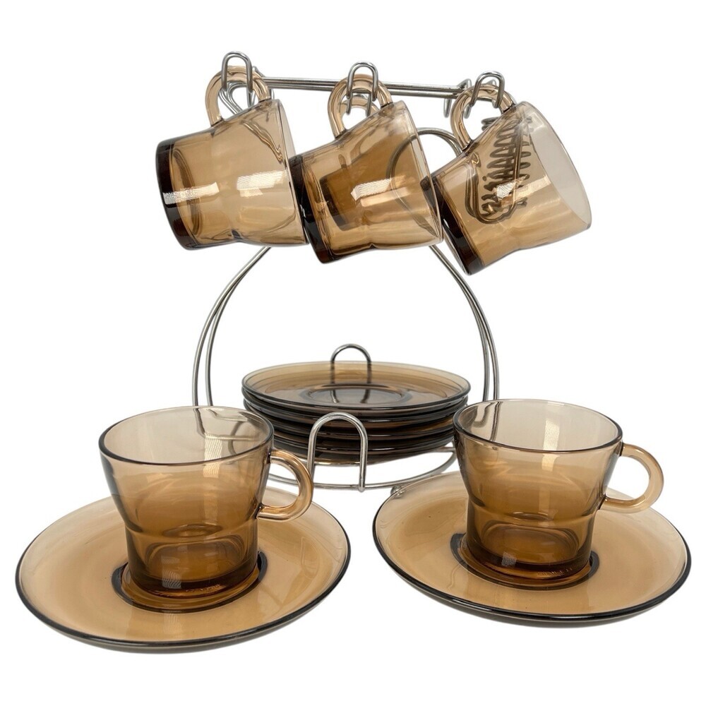 Duralex Amber Brown Glass Espresso Coffee Cup & Saucer 12 Pc Set + Display Stand - Picture 1 of 16